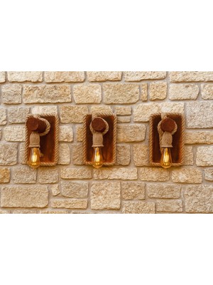 Jüt Halat Detaylı Ahşap Duvar Apliği Kafe Ev Ofis Balkon Dekoratif Aydınlatma 3 Adet