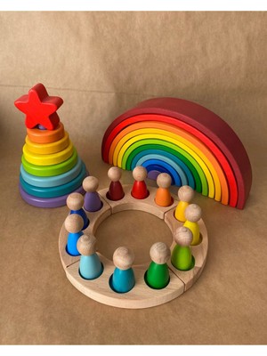 Tiny Wood 12'li Waldorf Gökkuşağı Peg Bebek Tabla Yıldız Kule Waldorf Eğitsel Ahşap Oyuncak Jumbo 3 lü Set