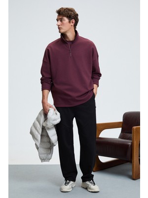 Grimelange EDISON Erkek Yarım Fermuarlı Kolu Baskılı Dik Yaka Bordo Sweatshirt