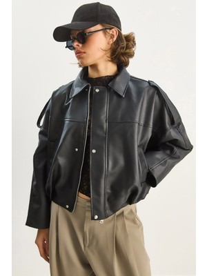 Shade Kadın Apolet Detaylı Cepli Oversize Suni Deri Bomber Ceket