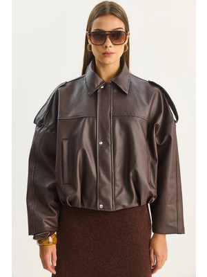 Shade Kadın Apolet Detaylı Cepli Oversize Suni Deri Bomber Ceket