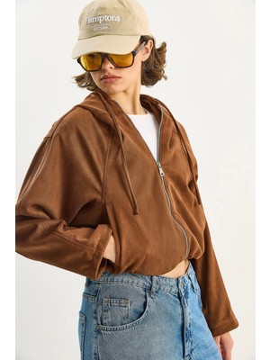 Shade Kadın Kapüşonlu Fermuarlı Cep Detaylı Astarlı Süet Bomber Ceket
