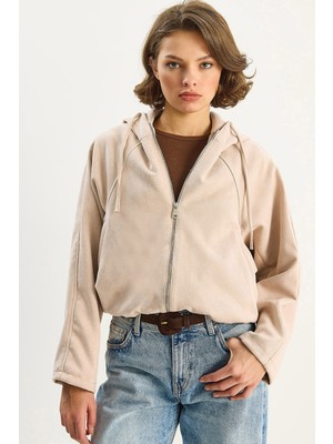 Shade Kadın Kapüşonlu Fermuarlı Cep Detaylı Astarlı Süet Bomber Ceket