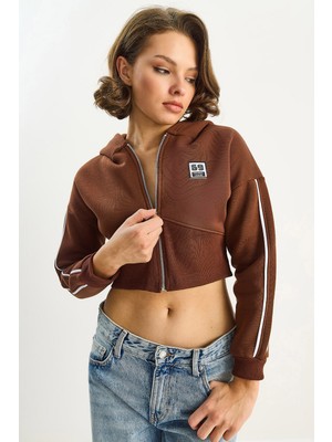 Shade Kadın Kapüşonlu Fermuarlı Korse Detaylı Şardonlu Crop Hırka