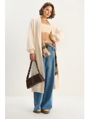 Shade Kadın Şal Yaka Yumuşak Dokulu Sakallı Uzun Triko Yumoş Hırka