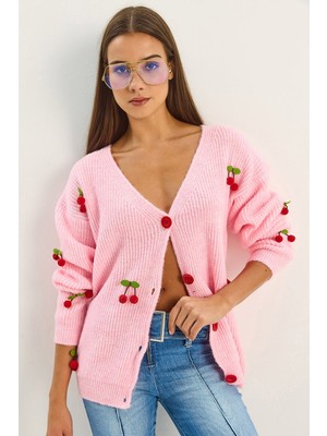 Shade Kadın V Yaka Kiraz Aksesuarlı Triko Hırka
