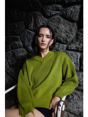 Suud Collection Yeşil Fade V Yaka Kazak