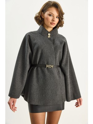 Shade Kadın Gold Düğme Detaylı Dik Yaka Kemerli Panço