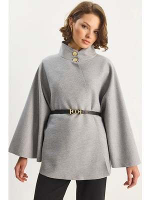 Shade Kadın Gold Düğme Detaylı Dik Yaka Kemerli Panço