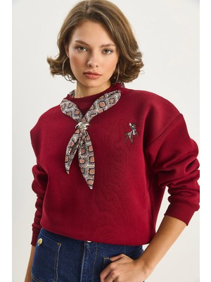 Shade Kadın Fular Detaylı Ceylan Naıkışlı Üç Iplik Şardonlu Oversize Sweatshirt