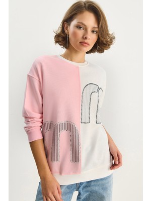 Shade Kadın Bisiklet Yaka Taş Işlemeli Renk Bloklu Oversize Sweatshirt