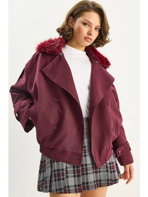 Shade Kadın Beli Lastikli Cep Detaylı Çıkarılabilir Kürk Yaka Astarlı Kısa Trençkot