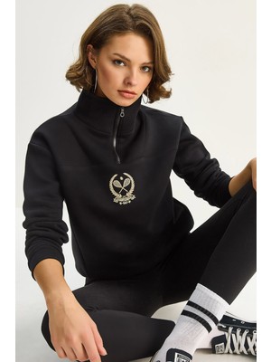 Shade Kadın Dik Yaka Yarım Fermuarlı Içi Polarlı Crop Sweatshirt
