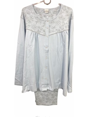 Nena Kadın Uzun Kollu Önden Açık Robalı Ultura Battal % 100 Pamuk Pijama TAKIMI-14952