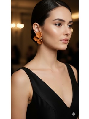 Lu Atelier Camélia El Yapımı Polimer Kil Küpe – Turuncu Çiçek Tasarım – Altın Detaylı Zarif Model