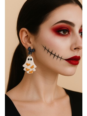 Lu Atelier Phantom Bows Hayalet Figürlü Parlak Kurdeleli Halloween Özel Tasarım Küpe - El Yapımı Polimer Kil