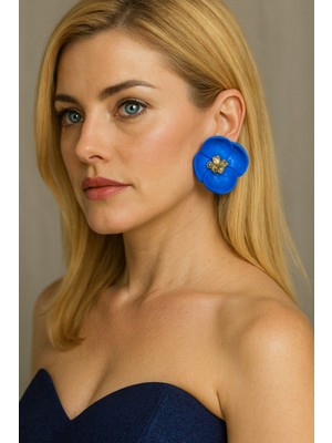 Lu Atelier Fleuris Mavi Çiçek Tasarım El Yapımı Küpe - Gold Detaylı