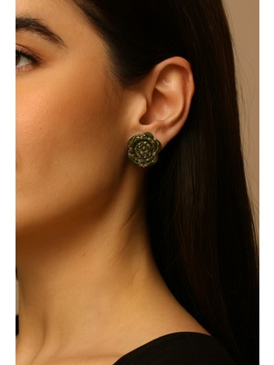 Lu Atelier ✨ Éclat Vert – Haki & Altın Işıltılı Gül Küpe ✨