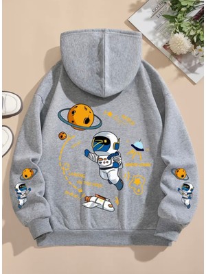Kids Face Özel Tasarım Kapüşonlu Astronot Nasa Sırt Baskılı %100 Pamuk Oversize Erkek Çocuk Sweatshırt