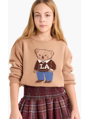 DeFacto Kız Çocuk Bisiklet Yaka Ayı Baskılı Triko Kazak G3067A825AU