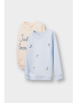 DeFacto Kız Bebek Bisiklet Yaka Baskılı İçi Yumuşak Tüylü 2'li Sweatshirt F1468A525AU