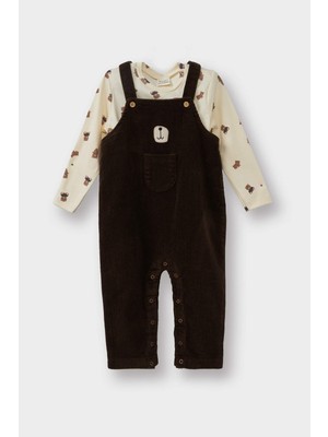 DeFacto Erkek Bebek 2'li Takım Ayı Baskılı Uzun Kollu Tişört Kadife Salopet Tulum