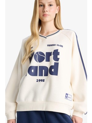 DeFacto Oversize Geniş Kalıp V Yaka Baskılı Kalın Sweatshirt E8794AX25WN