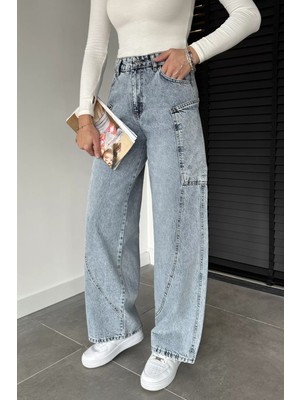 Gülseli Kadın Yüksek Bel Kargo Cepli Bol Kesim Jean Kot Pantolon P-00018868