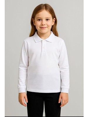 Gala Stil Unisex Tişört Beyaz Polo Yaka Uzun Kol Erkek Çocuk Slim Fit %35 Pamuk %60 Polyester %5 Elastan