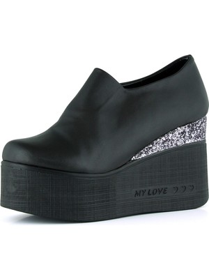 Erkan Saçmacı Lumi Siyah Vegan Yuvarlak Burun Taşlı Gizli Dolgu Topuklu Günlük Ayakkabı