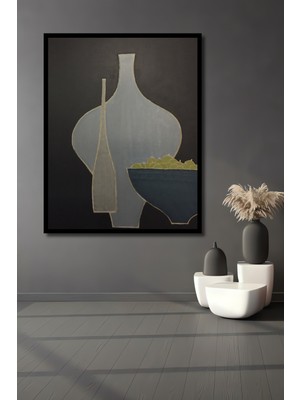 Teona Ahşap Dekoratif Ahşap Dikdörtgen Tablo Gri Vazo ve Kase Çerçeve Görünümlü