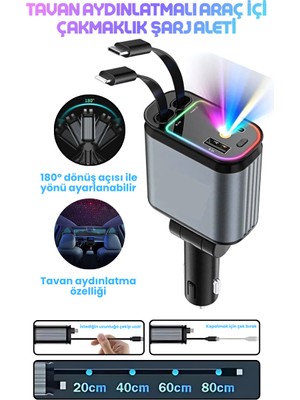 66W Acl LED Işık Tavan Aydınlatmalı 4ın1 Çift Kablolu Hızlı Şarj 3.4A Araç Içi Çakmaklık Şarj Aleti