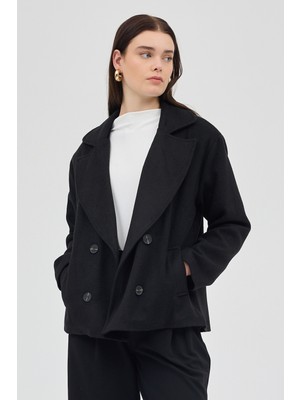 Rays Siyah Kruvaze Yaka Çift Düğmeli Kaşe Kadın Ceket 8069A