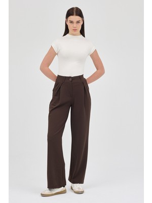 Rays Kahve Tek Düğmeli Pensli Kadın Pantolon 5011
