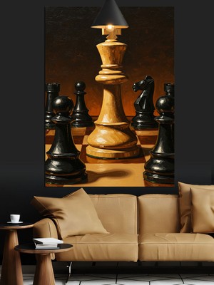 Karizma Tablo Klasik Satranç Taşları Siyah Beyaz Tahtada Dekoratif Kanvas - Mdf Ahşap Tablo