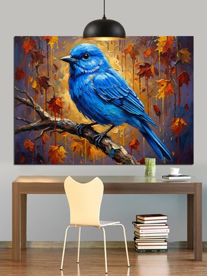 Karizma Tablo Ağaç Dalında Parlak Mavi Kuş Dekoratif Kanvas - Mdf Ahşap Tablo