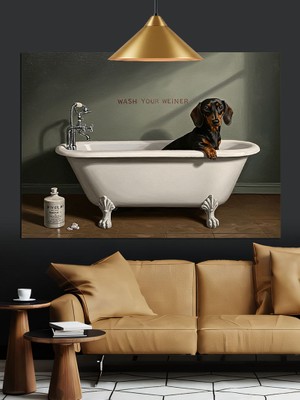 Karizma Tablo Küvette Banyo Yapan Köpek Dekoratif Kanvas - Mdf Ahşap Tablo
