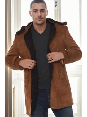 Dewberry Süet Görünümlü Erkek Palto Açık Camel %95 Polyester Orta Kalınlık Uzun Kol M Beden