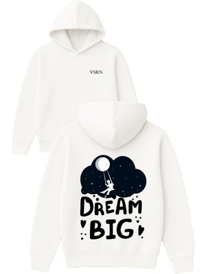 Dream Bıg Tasarım Baskılı Oversize Beyaz Kapüşonlu Sweatshirt