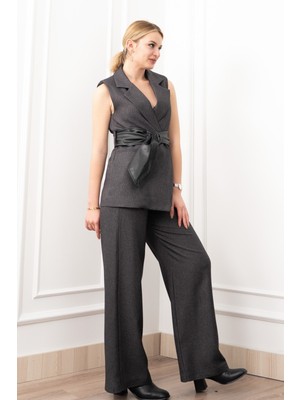 MissVina Deri Kuşak Kemerli Yelek ve Cepli Pantolon Takım 1282