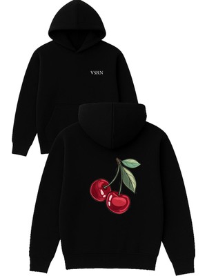 Kiraz Tasarım Baskılı Oversize Siyah Kapüşonlu Sweatshirt