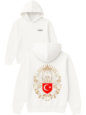 Osmanlı Tasarım Baskılı Oversize Beyaz Kapüşonlu Sweatshirt