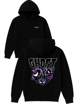 Ghostlar Tasarım Baskılı Oversize Siyah Kapüşonlu Sweatshirt