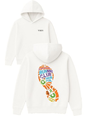 Runnıng Club Tasarım Baskılı Oversize Beyaz Kapüşonlu Sweatshirt