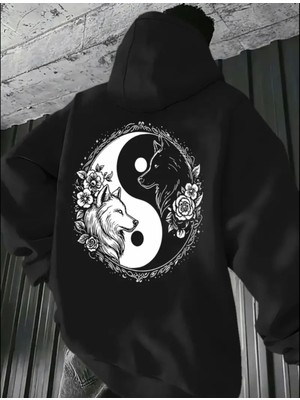 Amor Man Büyük Beden Özel Tasarım Kapüşonlu Ying-Yang Çift Kurt Sırt Baskılı Hip Hop Erkek Sweatshırt