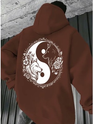 Amor Man Büyük Beden Özel Tasarım Kapüşonlu Ying-Yang Çift Kurt Sırt Baskılı Hip Hop Erkek Sweatshırt
