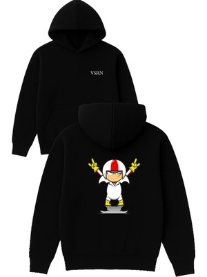 Buttows Tasarım Baskılı Oversize Siyah Kapüşonlu Sweatshirt