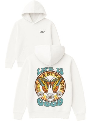 Lıfe Is Good Tasarım Baskılı Oversize Beyaz Kapüşonlu Sweatshirt