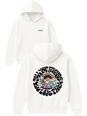 Tell Your Friends Tasarım Baskılı Oversize Beyaz Kapüşonlu Sweatshirt
