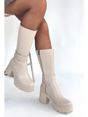 Butik Moki Bej Cilt Topuklu Çizme